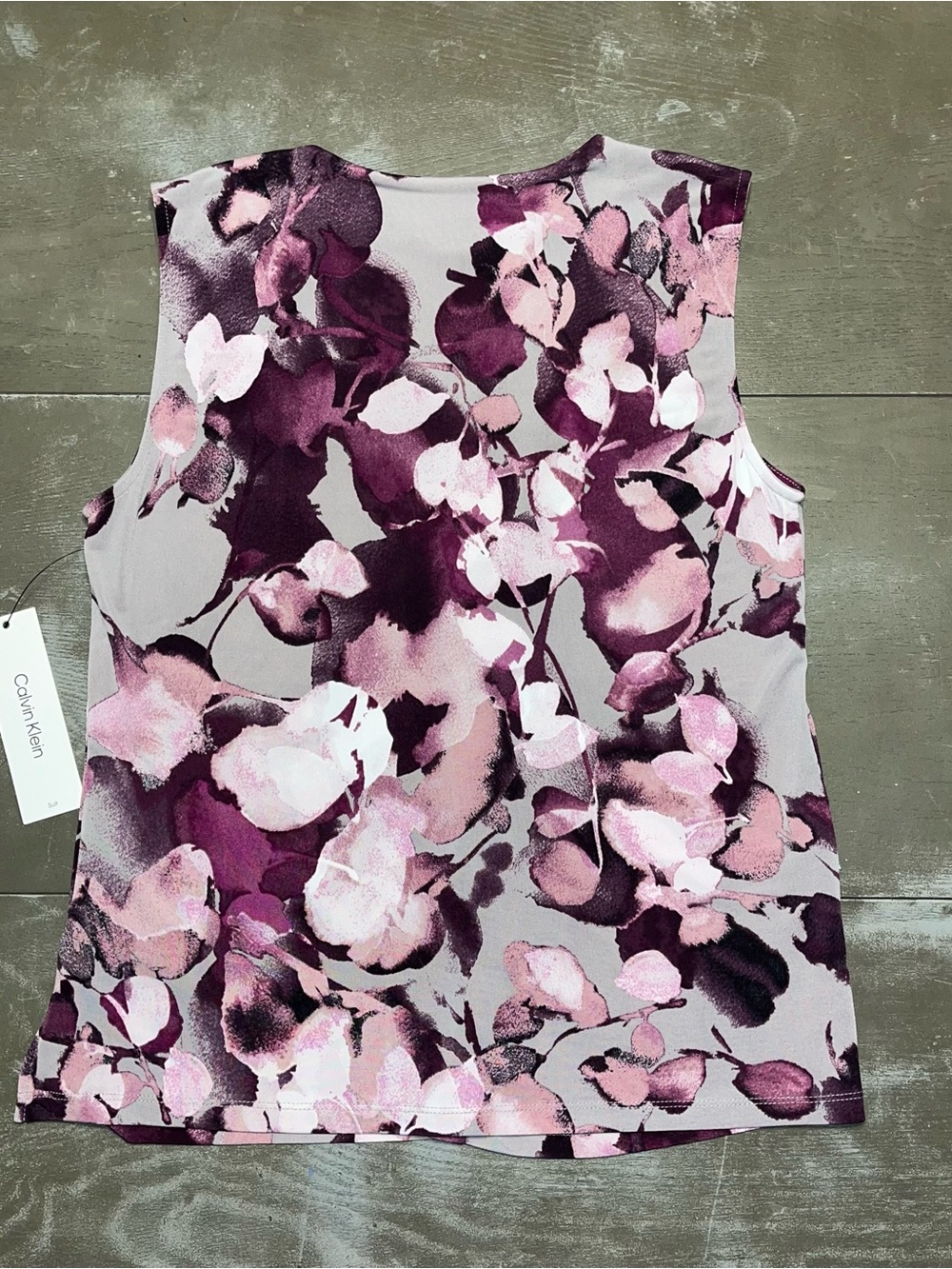 Calvin Klein Grey Pink Floral Ruffle Sleeveless Tank Dressy Blouse NWT Small - Picture 7 of 7